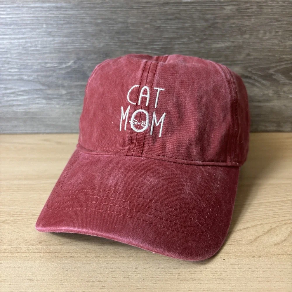 Cat Mom Hat Cap Strap Back‎ Womens Red Embroidered David and Young Casual Cotton